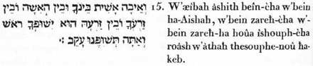 15. Et-une-antipathie-profonde, je-mettrai entre-toi et-entre-Aishah (la faculté volitive d'Adam) et- entre la-propagation-à-toi, et-entre- la-propagation-à-elle : Elle (cette même propagation) comprimera (restreindra)-à-toi le-principe (venimeux) et-toi, tu-comprimeras-à- elle les-suites (du mal). 