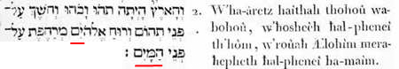 2. Et-la-terre existait puissance-contingente-d’être dans-une-puissance-d’être: et l’obscurité (force compressive et durcissante) -était sur-la-face de-l’abìme (puissance universelle et contingente d'être ); et-le-souffle de-lui-les-Dieux (force expansive et dilatante) était-générativement-mouvant sur-la-face des-eaux (passivité universelle).